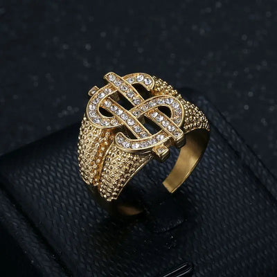 Stainless Steel Titanium Hip Hop US Dollar Money Sign Rich Bling Iced Out Punk Rings for Men Women Gift Fashion Jewelry