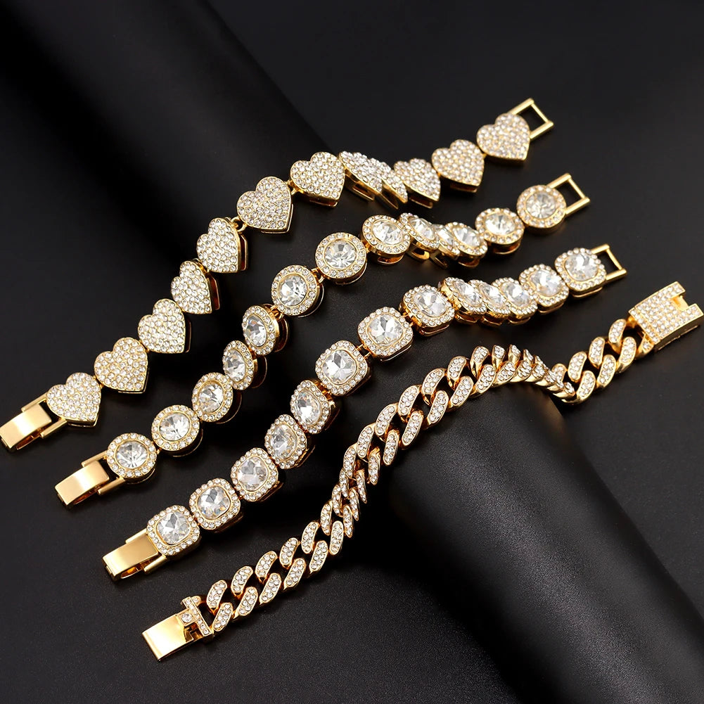Iced Out Pink Cuban Armband für Frauen Hip Hop Gold Silber Farbe Kristall Herz Kreis Quadrat Armband 4Pcs Set Schmuck Geschenk