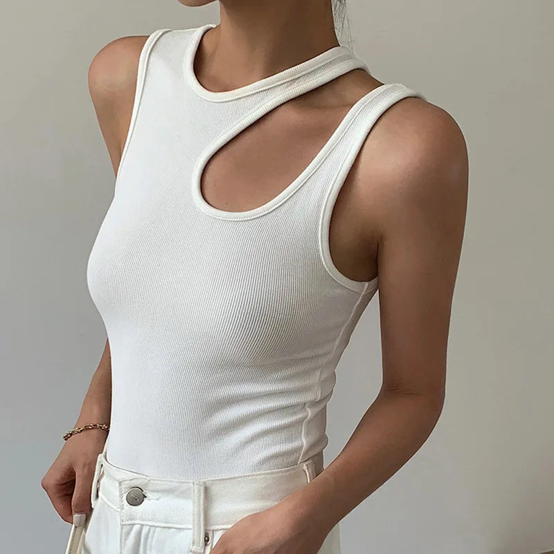 Casual white cut t shirt women round neck sleeveless korean slim t shirts women clothing 2023 summer fashion