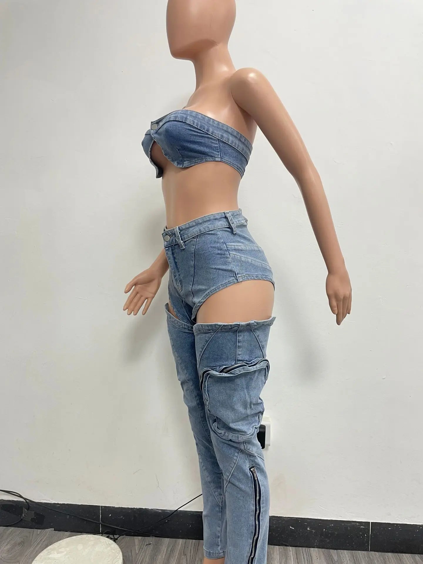 Jeans-Sets für Damen 2024 Sexy Streetwear Zweiteilige Outfits Brustwickel Ärmelloses, rückenfreies Top Ausgeschnittene Jeans