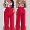 Women Fashion Print Halter V-Neck Short Tank Suit Tops Long Pants Matching Set Summer Casual Female Slim Pants Two Piece Sets