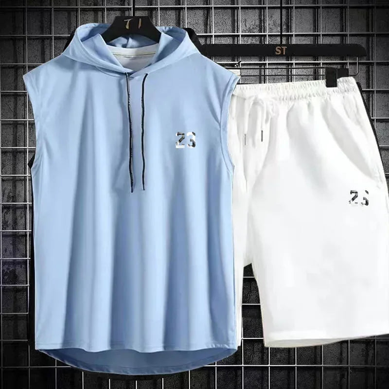 Summer New Men's Sleeveless Hooded T-shirt+shorts pants Sports two-piece set gym  Fashion  Casual Men Women Sports Two Piece Set