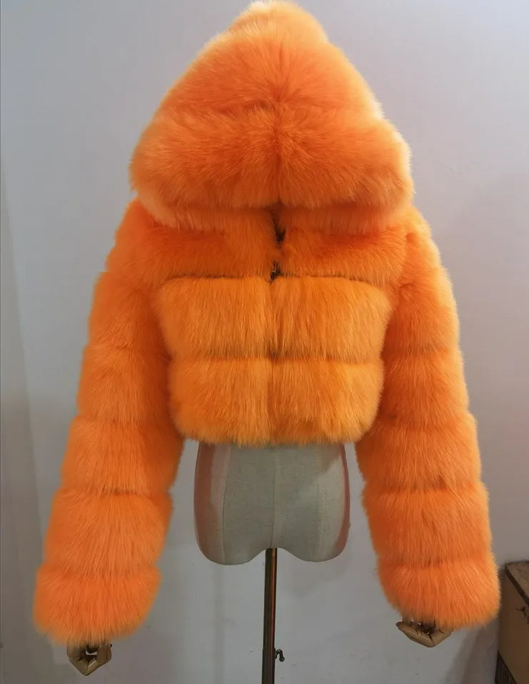 Women Warm Faux Fur Coat Winter Vintage Gradient Jacket Furry Outerwear Jackets Hooded Coats Plus Size Autumn Winter Streetwear