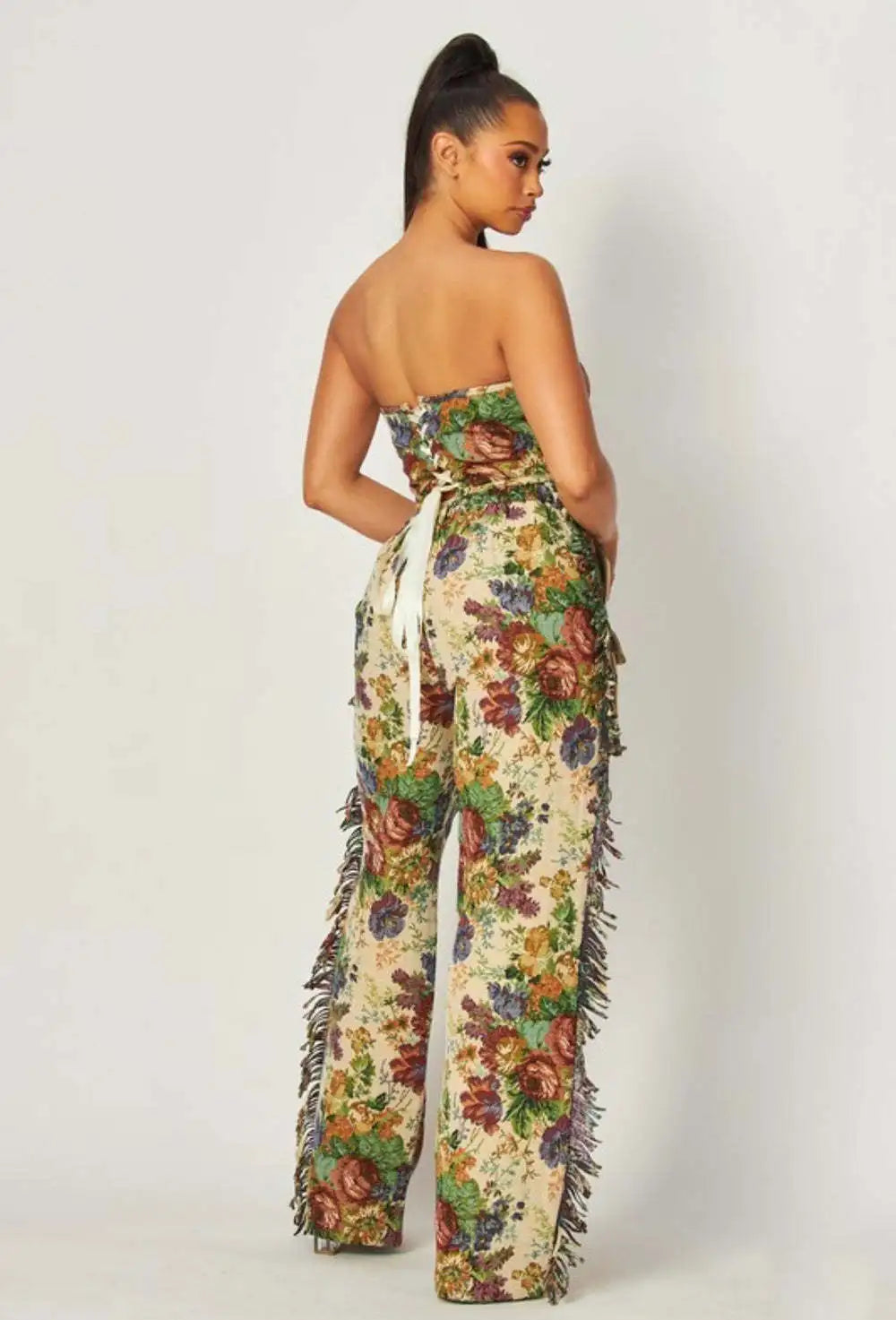 CM.YAYA Fashion Print Women's Set Strapless Top and Wide Leg tassel Pants Summer Cargo Street Two 2 Piece Set Outfit Tracksuit