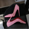 Pink studded high heels, fashionable, ultra shallow mouth, pointed toe, thin heel, hate sky, high punk style, 12CM