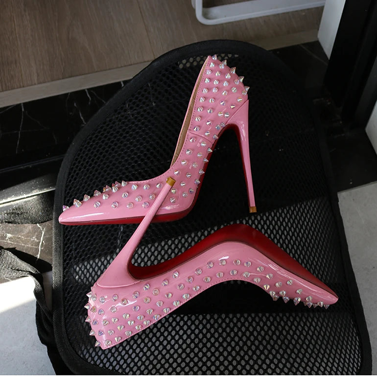 Pink studded high heels, fashionable, ultra shallow mouth, pointed toe, thin heel, hate sky, high punk style, 12CM