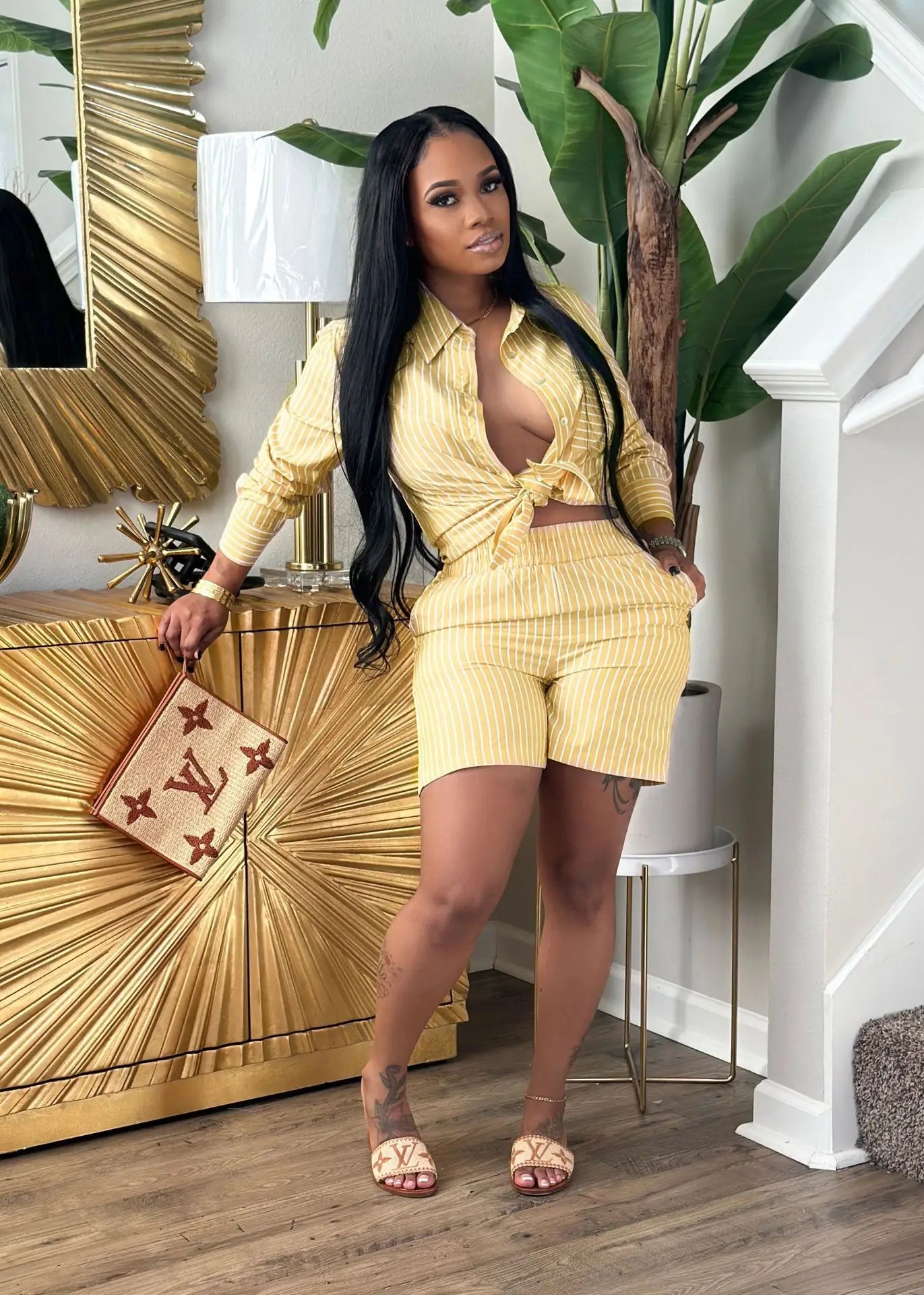 Two Piece Short Sets Women Striped Single Breasted Cardigan Blouses Shorts Elastic Waist Shirt Suit Casual Outwear Summer