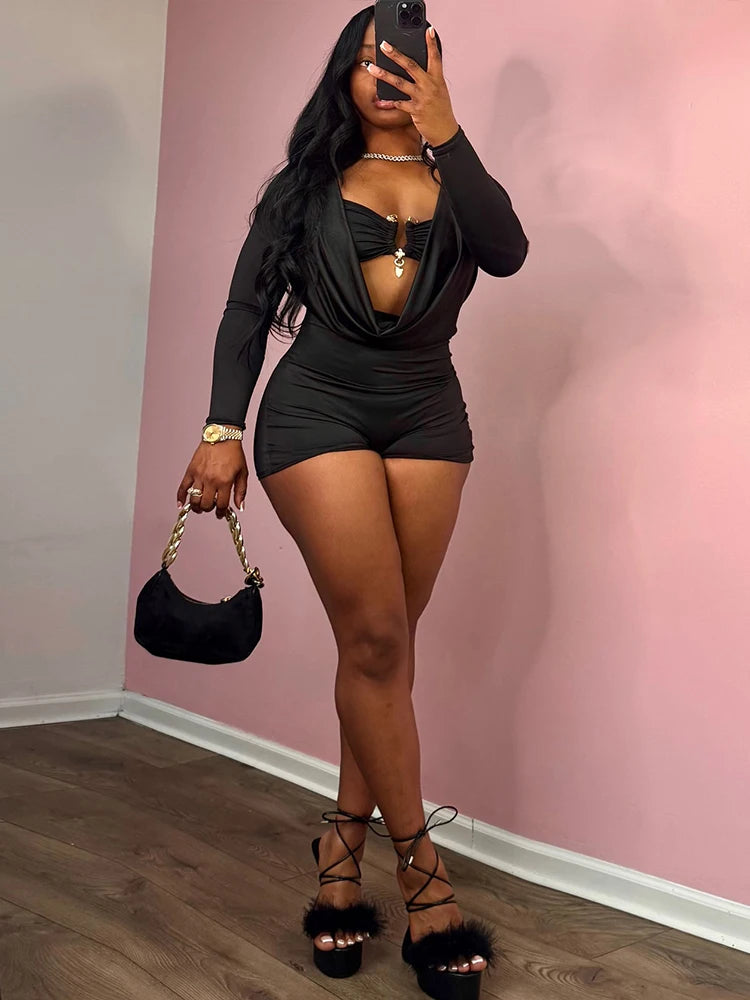 Insglas Frühling Trend Schwingkragen Sexy Damen Jumpsuit + Metallschnalle BH Hipster Midnight Party Neues Workout Fit Coquette Playsuits