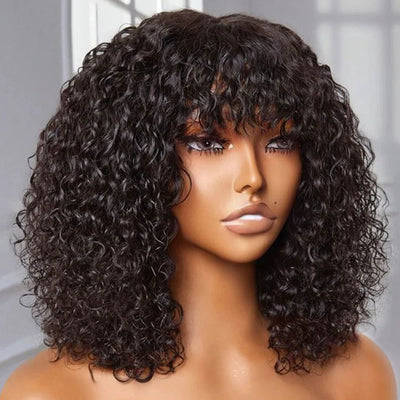 Jerry Curly Short Bob Echthaarperücken mit Pony Zum Anziehen Kleberlose Perücke Highlight Honig Wasserwelle Blonde Farbige Perücke für Frauen