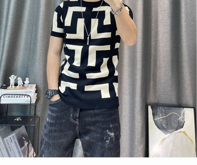 Luxury Men Autumn Knitted Tshirt 2024 Korean O-neck Short Sleeve Top Tees Streetwear Male Social Club Slim Fit Casual T-Shirt