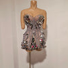 Sparkly Gold Rhinestone Sequins Sexy Strapless Mesh See Through Mini Dress Women Eveing Birthday Party Nightclub Stage Costume