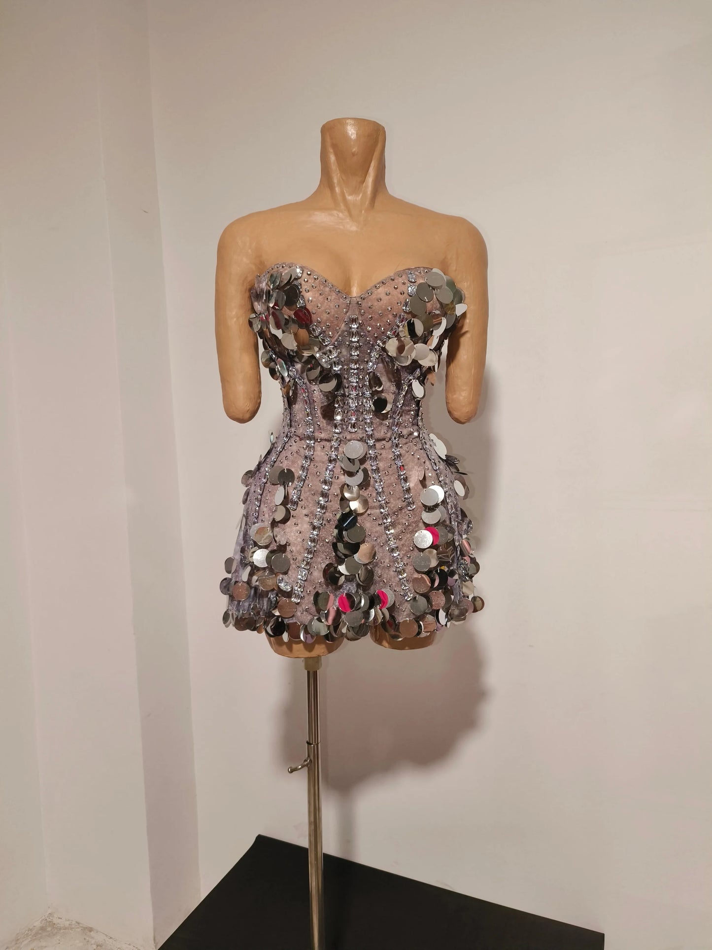 Sparkly Gold Rhinestone Sequins Sexy Strapless Mesh See Through Mini Dress Women Eveing Birthday Party Nightclub Stage Costume
