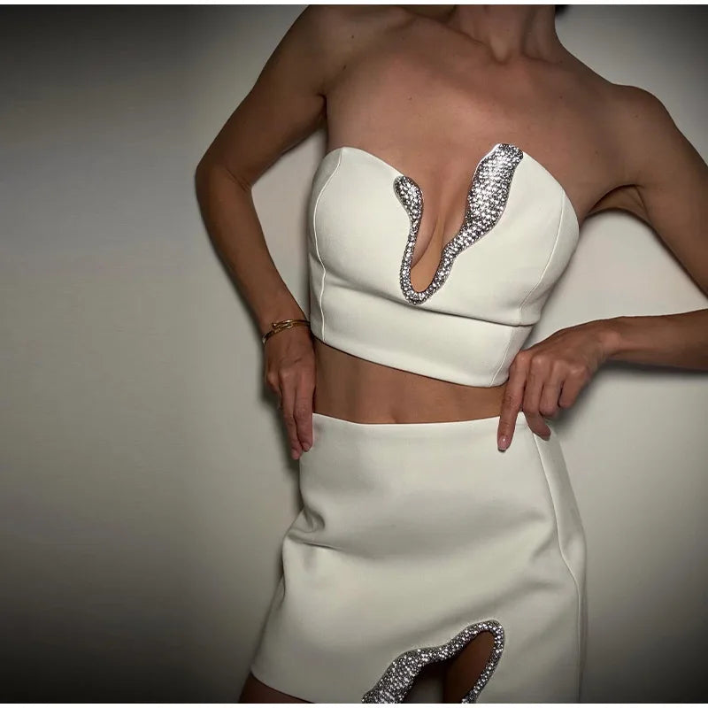 Sexy Rhinestone Mini Skirt Sets Women Strapless V-neck Backless Tube Vest Tops Hip Package Skirts 2025 Summer 2 Pieces Outfits