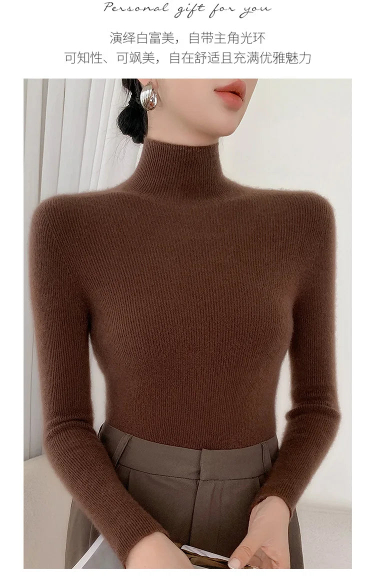 Damen Rollkragen-Basics Kaschmirpullover Herbst Winter Pullover 100% Merinowolle Strickwaren Damen Weicher schmaler Strick Neuer Top