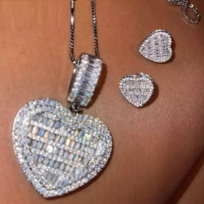Auf Lager Iced Out Bling Damen Schmuck 5A Weißer Zirkonia Herzanhänger Halskette Mit Tennis Box Chain