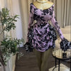 CM.YAYA Women Tie Dye Print Cascading Ruffles Bell Long Sleeve Bodycon Ruched Draped V-neck Dress Vacation Beach Holiday Dresses