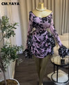 CM.YAYA Women Tie Dye Print Cascading Ruffles Bell Long Sleeve Bodycon Ruched Draped V-neck Dress Vacation Beach Holiday Dresses