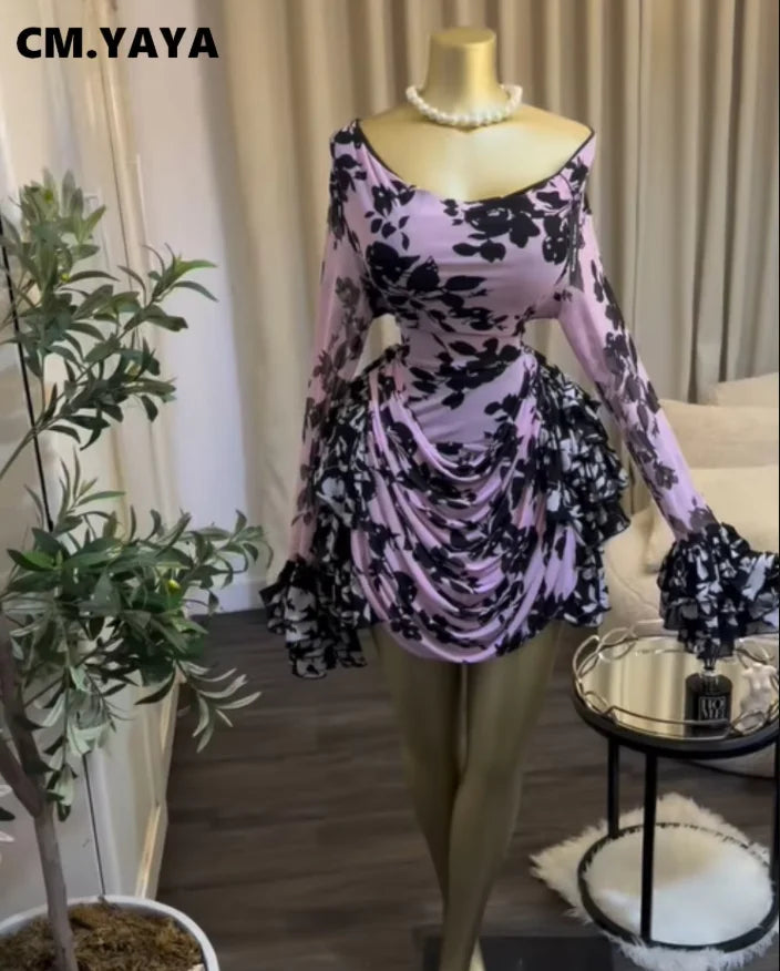 CM.YAYA Women Tie Dye Print Cascading Ruffles Bell Long Sleeve Bodycon Ruched Draped V-neck Dress Vacation Beach Holiday Dresses