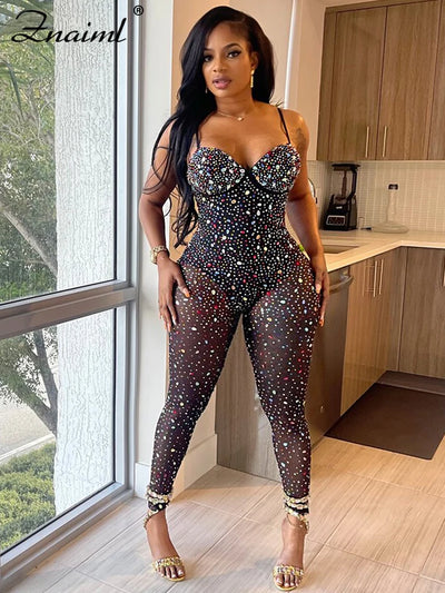 Znaiml Luxury Birthday Night Club Party One Piece Rompers and Jumpsuits for Women Sexy Mesh Sheer Colourful Diamonds Overalls