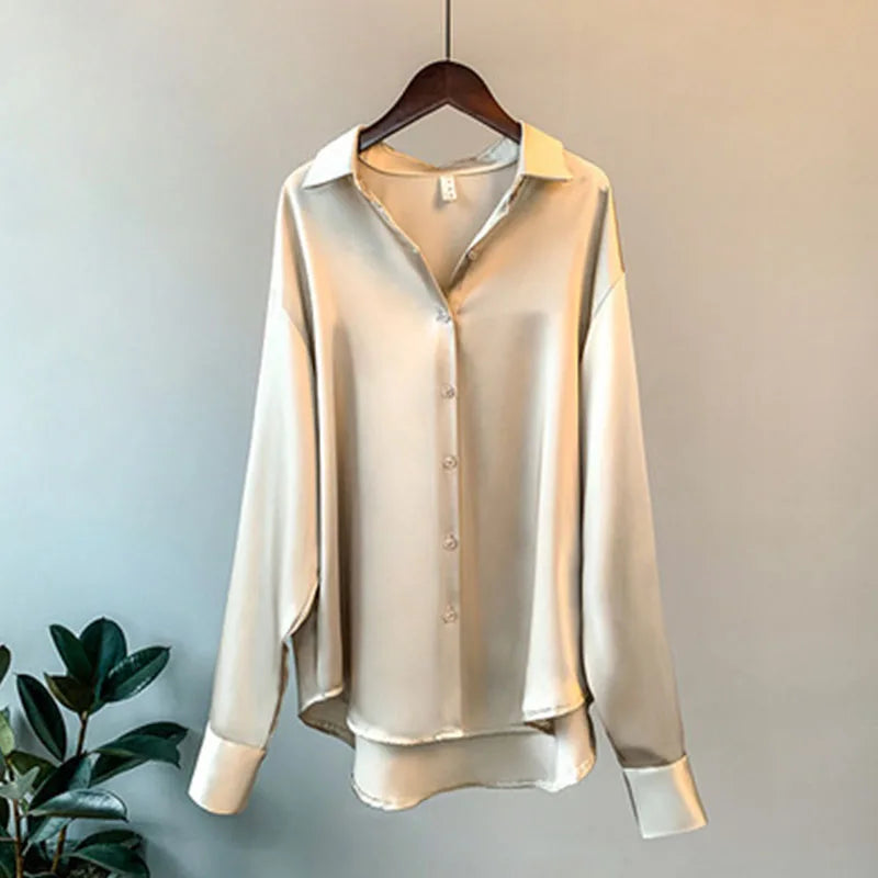 1pcs Woman Spring Autumn Satin Shirt Lady Long Sleeve Lapel Blouses Cardigans Elegance Sweet Casual Coats Girl Sunscreen Top