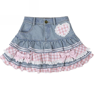 Preppy Style Lolita Kawaii Röcke Japanische Süße Mini Damen Harajuku Nette Ballkleid Jeans Skater Y2K Hohe Taille Spitze Kuchenröcke