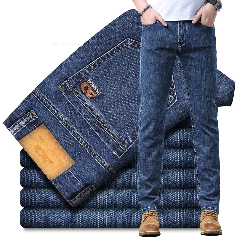 Frühlings Herren Hellblaue Slim Jeans Stylische Lässige Stretch Denim Hose Klassische Chinohose Rauchgrau
