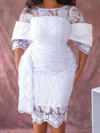 Weiße Spitzenkleider für Damen Vintage Rundhals Stickerei Tunika Etuikleid Retro Elegantes Midikleid Urlaub Party Hochzeitskleider
