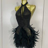 Women Luxury Rhinestones Pearls Feathers Halter Backless Short Dress Women Sexy Celebrate Birthday Dress Nightclub Stage Costume