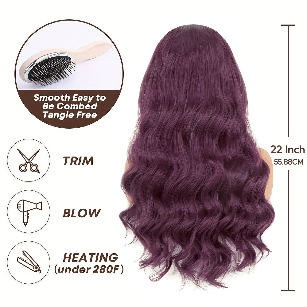 Dark Purple Body Wave Lace Front Wigs Synthetic Deep Burgundy 13x4 Lace Front Wigs Grape Purple Glueless Wigs 180% Density Women