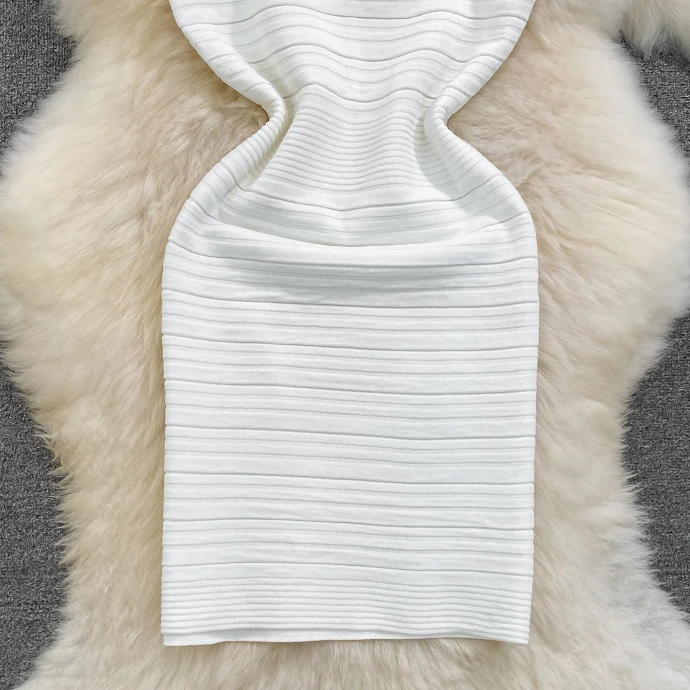 White/Black Sexy Summer Knit Strap Dress Women Tank V Neck Elatic Waist Bodycon Sundress Female Beach  Midi Dress