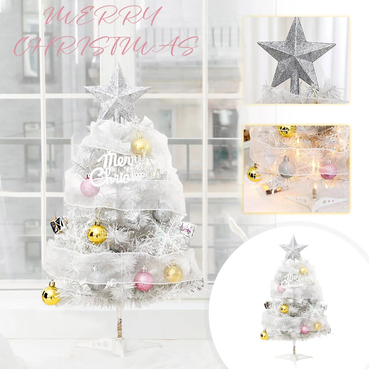 Hot Sale 45/60cm Christmas Tree With lights White/Pink Christmas Tree With Star Christmas Miniature Pine With Ornaments
