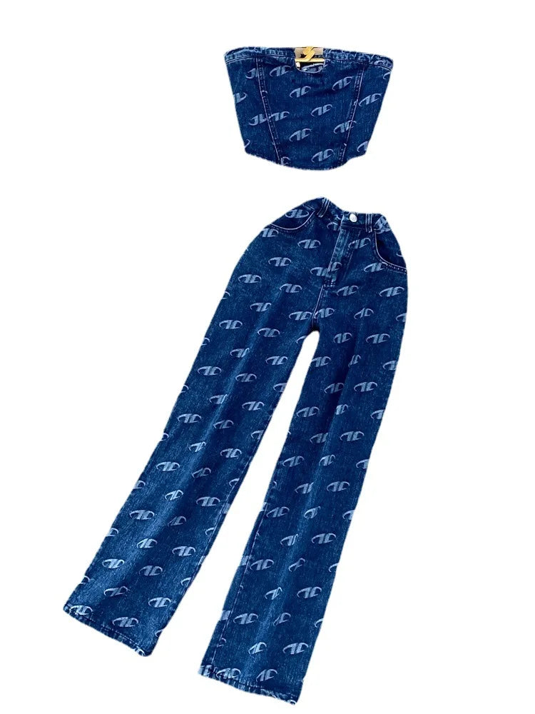 Zweiteiliges Set Damen Ärmellose Bandeau-Tops Sexy Crop-Shirt Knopf-Hosen-Sets Gerade Hosen Taschen Lässige passende Sets