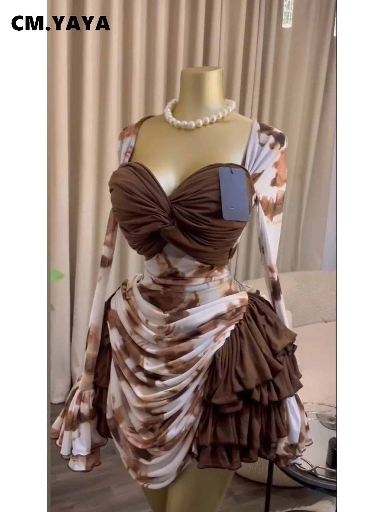CM.YAYA Women Tie Dye Print Cascading Ruffles Bell Long Sleeve Bodycon Ruched Draped V-neck Dress Vacation Beach Holiday Dresses