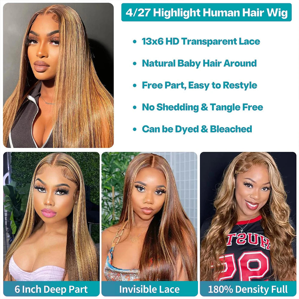 P4/27 Highlight Wig Human Hair 13x6 Bone Straight Lace Front Wigs Ombre Honey Blonde Colored Wig Pre Plucked With Baby Hair