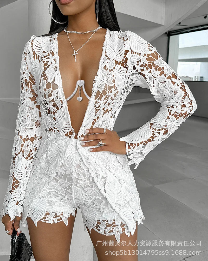 Women Sexy Short Sets Hollow Out Top Lace Spliced Full Sleeve Cardigan Solid Elegant Slim Fit Shirts High Street Summer 2024