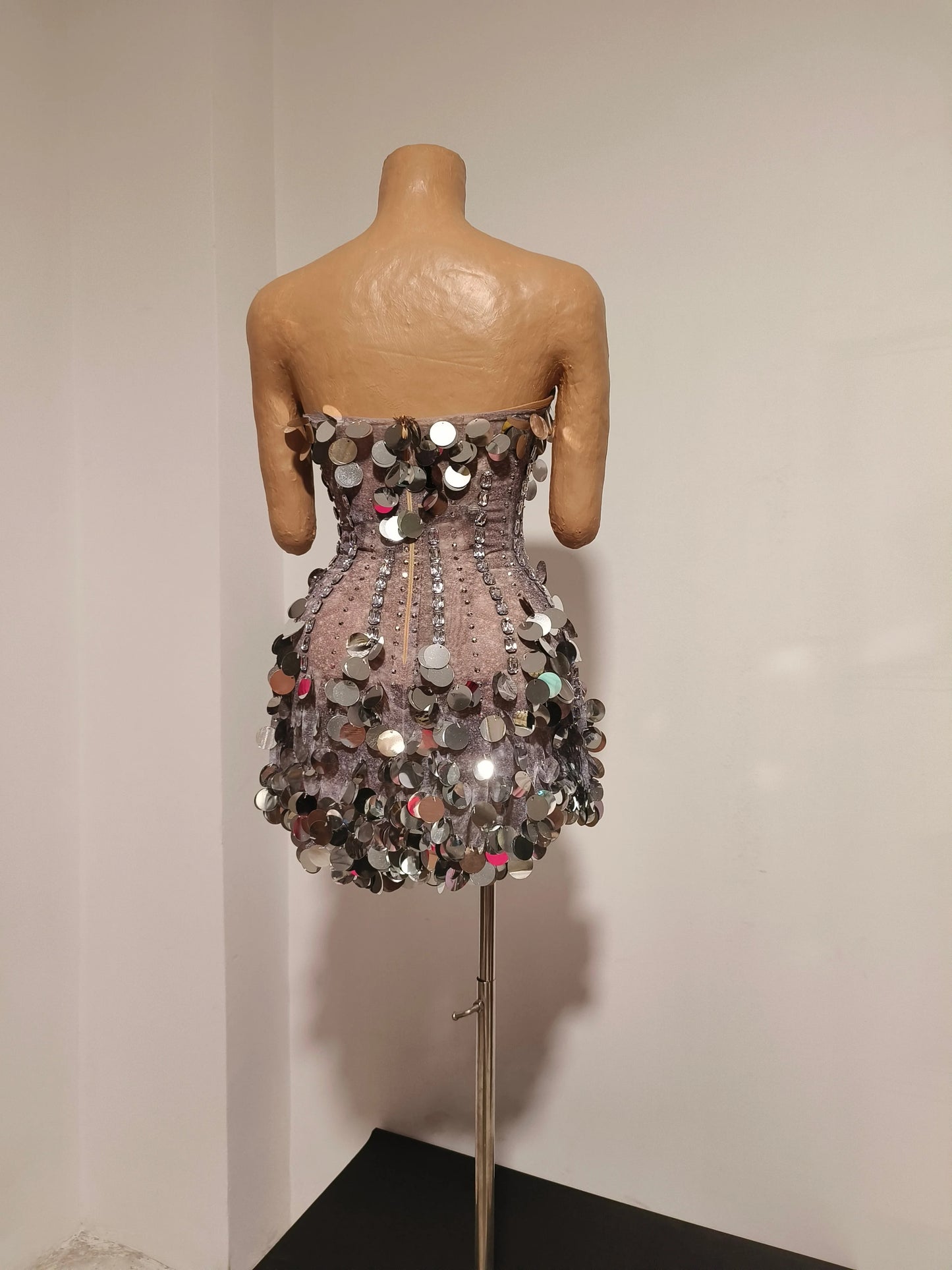 Sparkly Gold Rhinestone Sequins Sexy Strapless Mesh See Through Mini Dress Women Eveing Birthday Party Nightclub Stage Costume