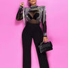 Women Jumpsuit Solid High Collar Hot Drill Mesh Shoulder Cotton Long Sleeves Long Straight Jumpsuit Sexy Party Outfits
