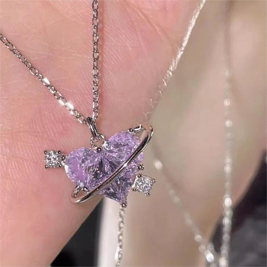 Y2K Rosa Planet Herz Zirkon Anhänger Halsketten Frauen Mode Ästhetische Schlüsselbeinkette Halskette Valentinstag Geschenk Party Schmuck