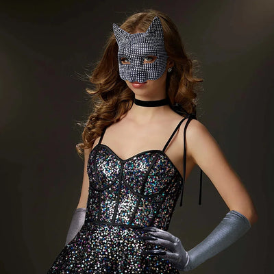 Glänzende Katzenohrmasken Cosplay Halloween Party Kostümzubehör Lange Handschuhe Sexy Bling Kätzchen Halbmasken