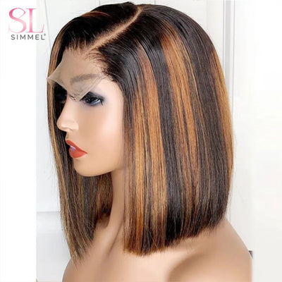 SIMMEL Ombre 4x4 Lace Closure Perücke Highlight Farbige Echthaarperücken Highlight Braune Bob Perücken Glattes Remy Haar 180 Dichte