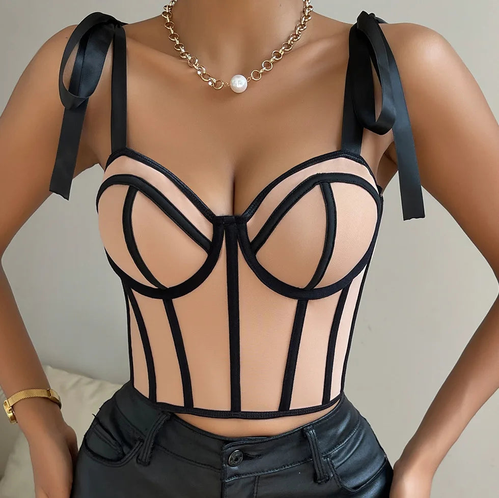 2024 New European and American Style Design Sensual Spice Girl Ribbon Strap Crop Tops Patchwork Stripe Fishbone Bandage Corsets