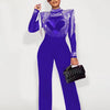 Women Jumpsuit Solid High Collar Hot Drill Mesh Shoulder Cotton Long Sleeves Long Straight Jumpsuit Sexy Party Outfits