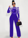 Women Jumpsuit Solid High Collar Hot Drill Mesh Shoulder Cotton Long Sleeves Long Straight Jumpsuit Sexy Party Outfits