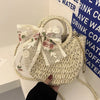 Straw Bag Women Hand-Woven Handbag Moon Shape Lace Bow Rattan Bag Big Capacity Drawstring Casual Beach Shoulder Crossbody Bag