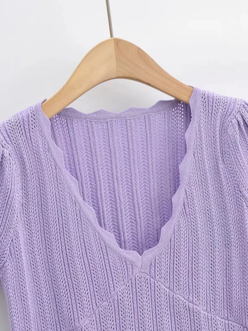 Damen V-Ausschnitt gestricktes Häkel-T-Shirt mit