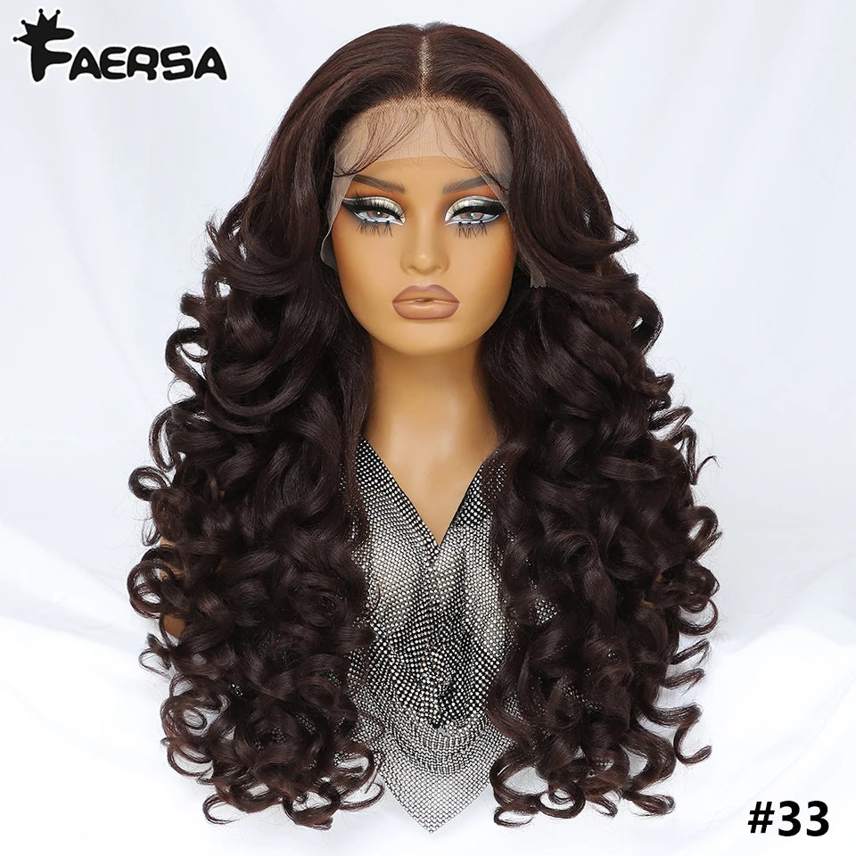 Latisha 13X6 HD Synthetische Spitzenfrontperücke lockig vorgezupfte Lace-Frontal-Perücke mit Pony für Damen, Highlights mit Babyhaar, 24 Zoll