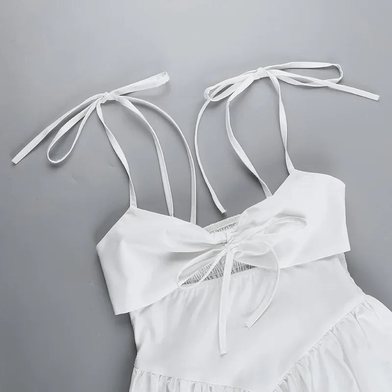 Hollow Ruched  Dress Women Square Collar Lace-up Shoulder Strap Backless Sleeveless Ruffles Street Trend Mini Bodycon