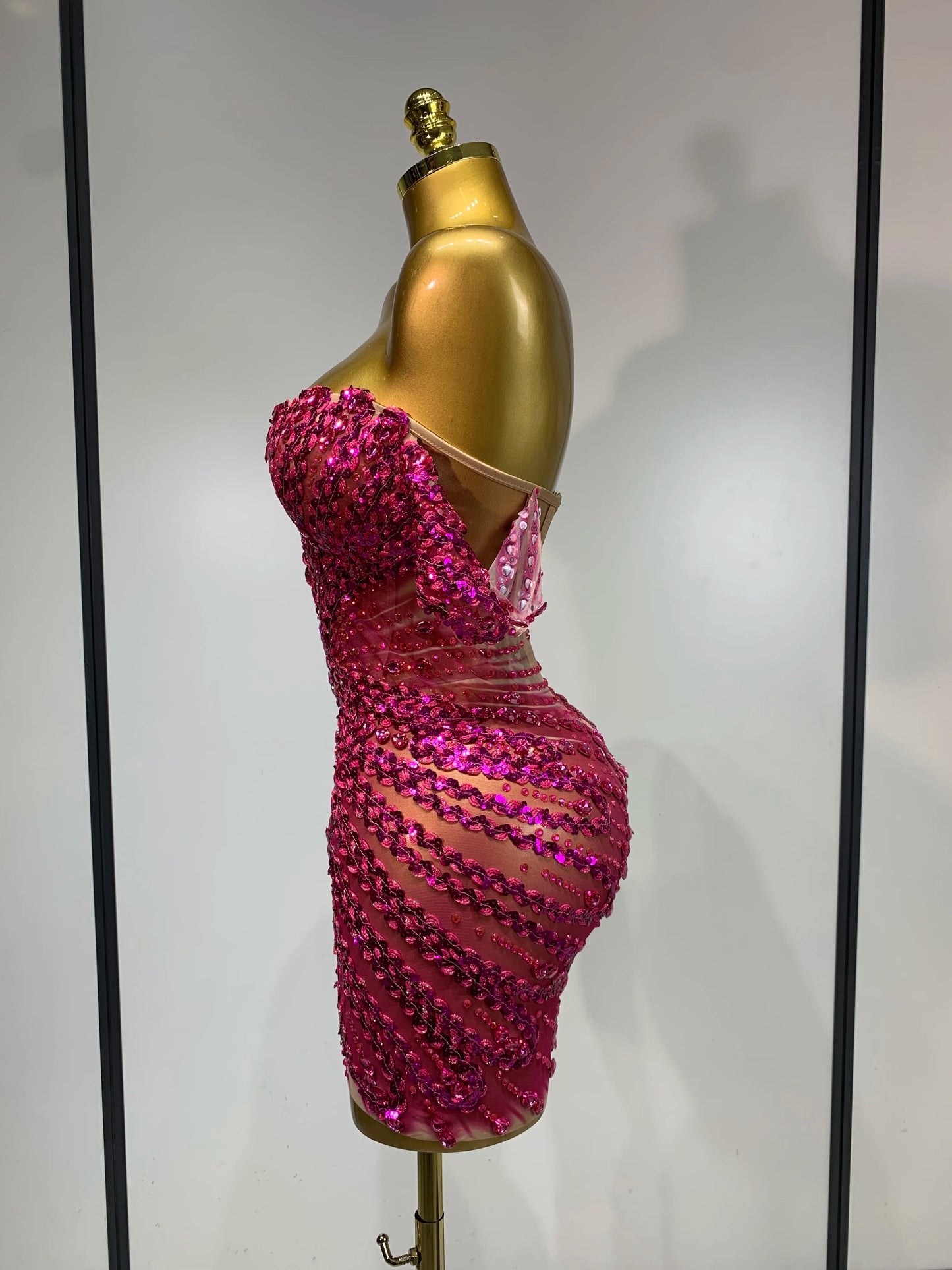 Women Sexy Sparkly Rhinestones Sequins Off The Shoulder Mesh Mini Dress Birthday Party Nightclub Dancer Stage PhotoShoot Costume