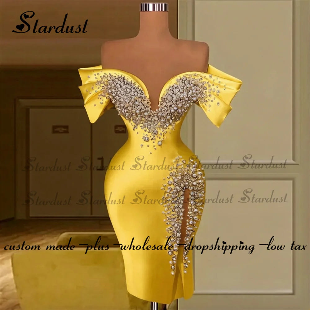 Stardust Luxury Off the Shoulder Homecoming Dress Pearls Slit Pleat Mini Saudi Arabric Illusion Cocktail Party Gown Customized