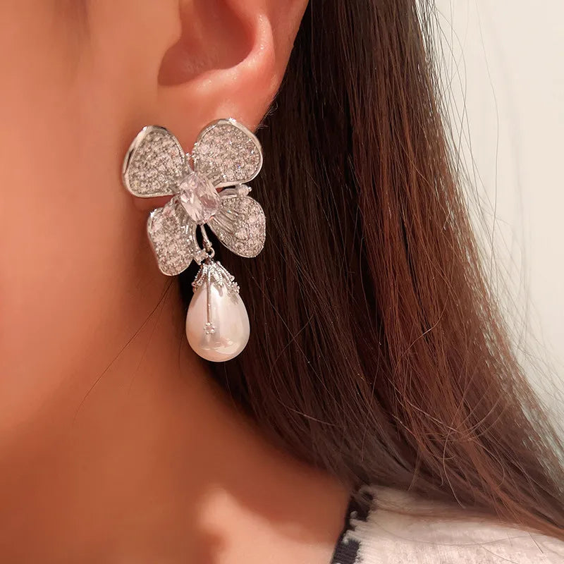 Zircon Pearl Temperament Flower Luxury Exquisite Earrings